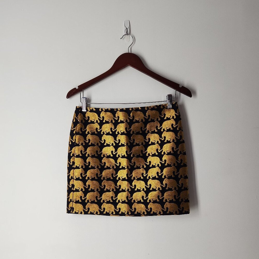 J.Crew Jacquard Mini Skirt in Black & Gold Elephant parade Print Sz 00 very cute